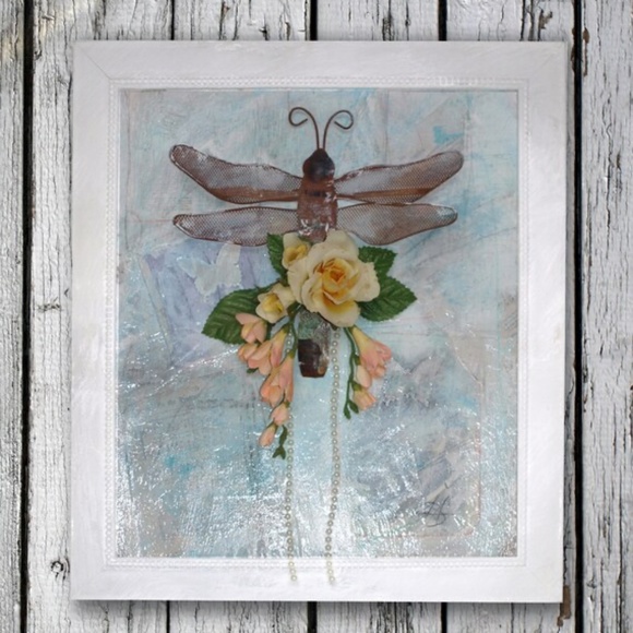 Framed Dragonfly art, mixed media, Vintage Flowers, Pearls, French romantic - Picture 1 of 12